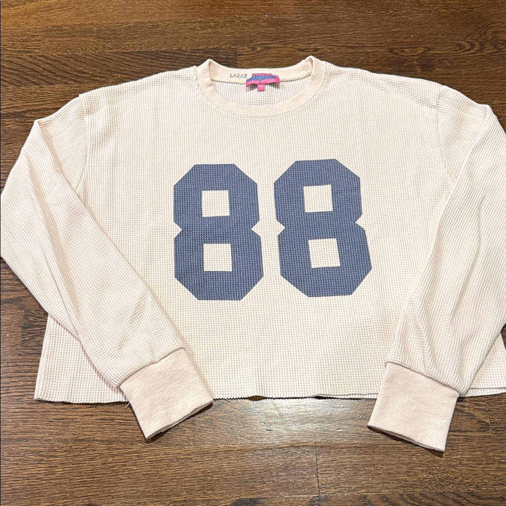 Edikted Cream Long Sleeve Tee with Blue Graphic